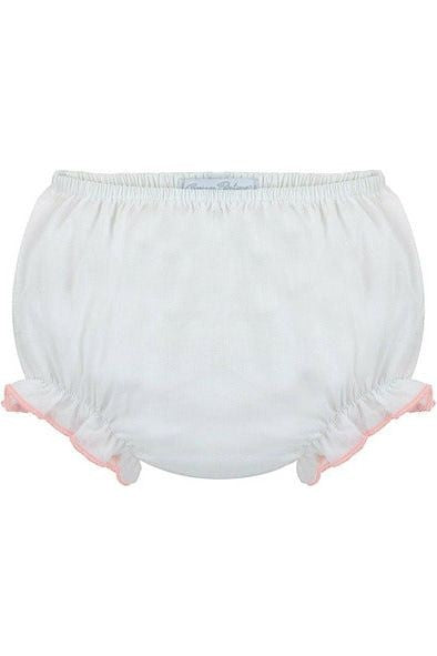 Carriage Boutique baby girl white cotton diaper cover with delicate pink ruffle trim and elastic waistband