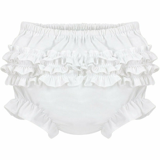Carriage Boutique white baby girl diaper covers with ruffled bloomer design and comfortable elastic waistband