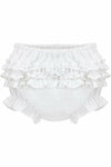 Carriage Boutique white baby girl diaper covers with ruffled bloomer design and comfortable elastic waistband