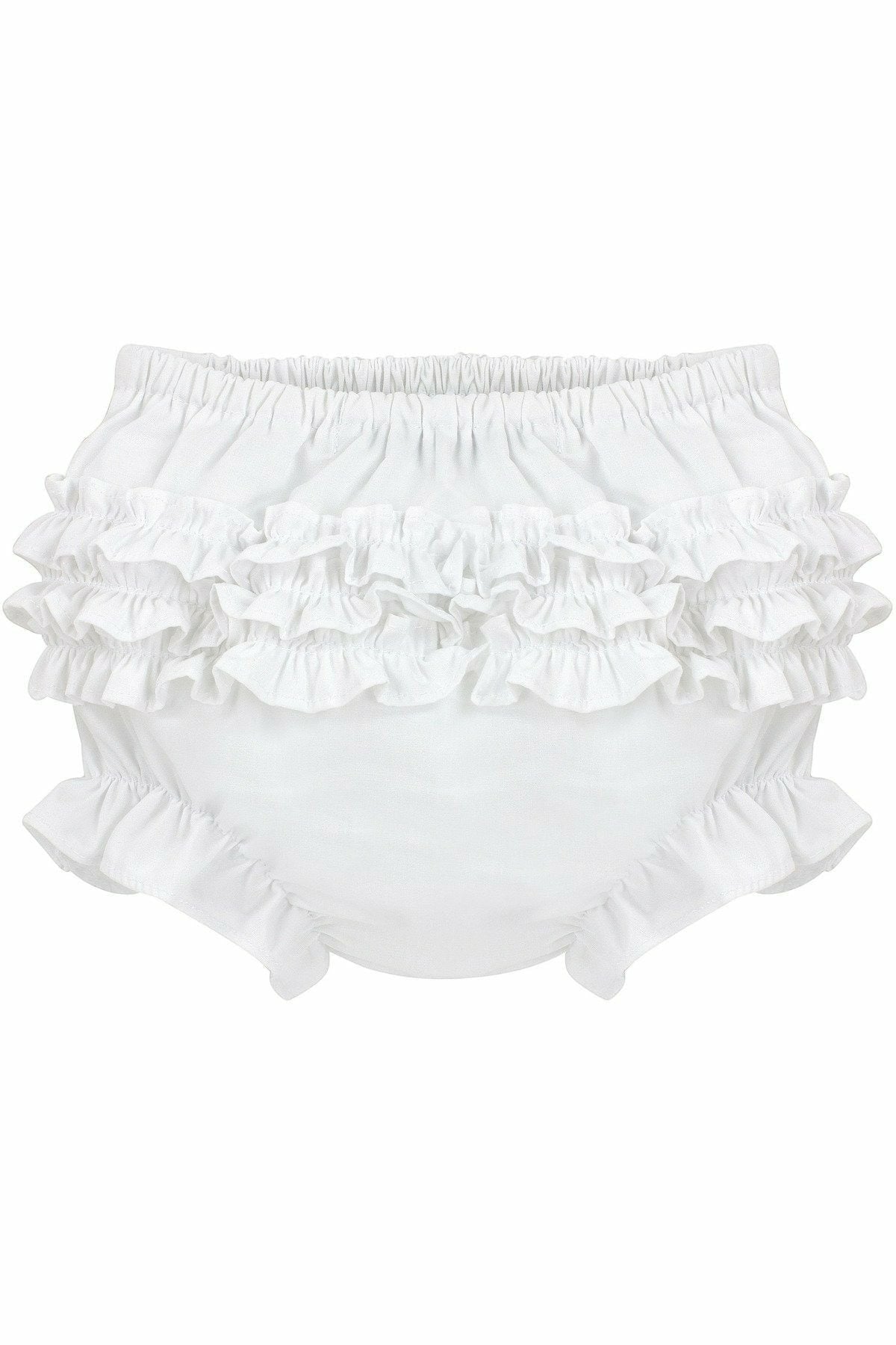 Carriage Boutique white baby girl diaper covers with ruffled bloomer design and comfortable elastic waistband
