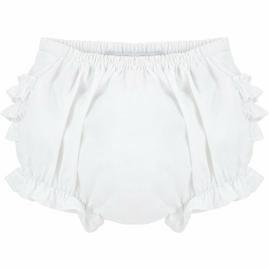 Carriage Boutique white baby girl diaper covers featuring a ruffled bloomer design and a comfortable elastic waistband.