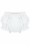Carriage Boutique white baby girl diaper covers featuring a ruffled bloomer design and a comfortable elastic waistband.
