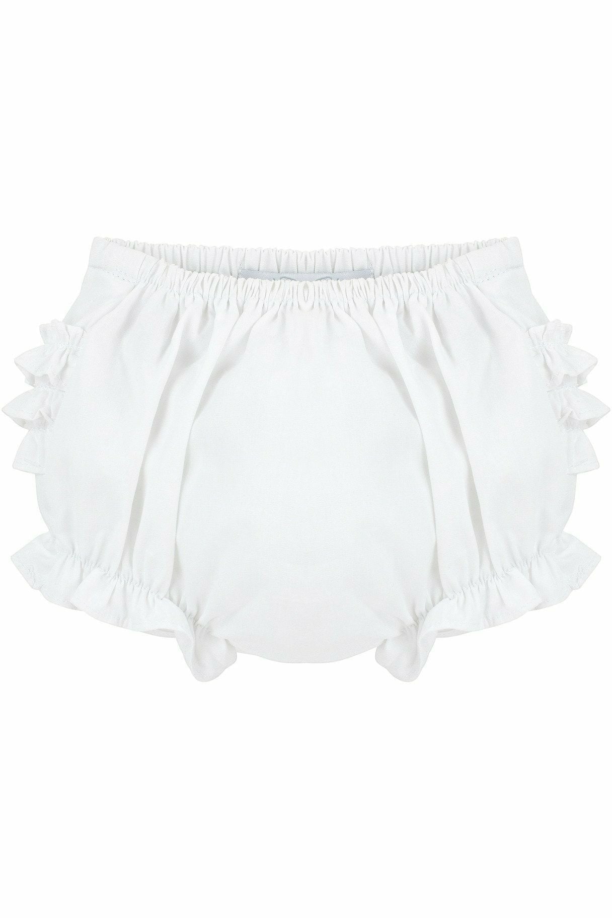 Carriage Boutique white baby girl diaper covers featuring a ruffled bloomer design and a comfortable elastic waistband.