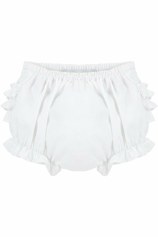 Carriage Boutique white baby girl diaper covers featuring a ruffled bloomer design and a comfortable elastic waistband.