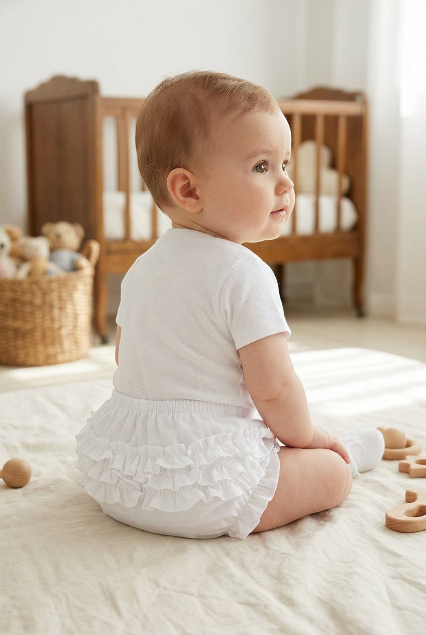 Carriage Boutique baby girl wearing white ruffled diaper cover bloomers with an elastic waistband while sitting