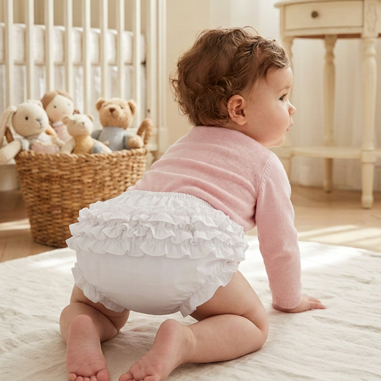 Carriage Boutique white knitted baby bloomers with ruffles on a crawling baby wearing a soft pink long-sleeve top.