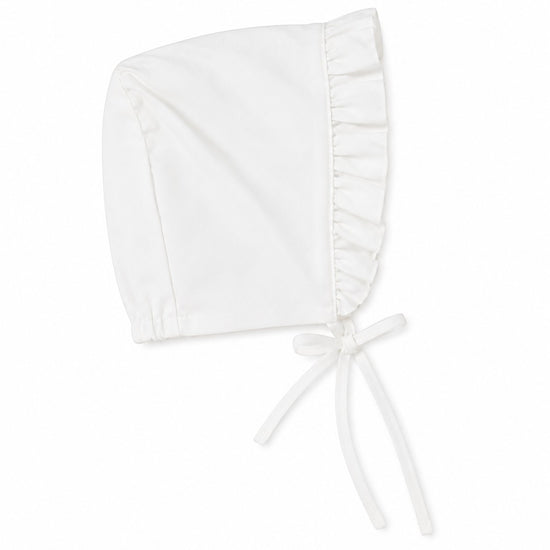 Carriage Boutique white ruffled baby bonnet with soft chin ties for a classic heirloom look.