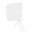 Carriage Boutique white ruffled baby bonnet with soft chin ties for a classic heirloom look.
