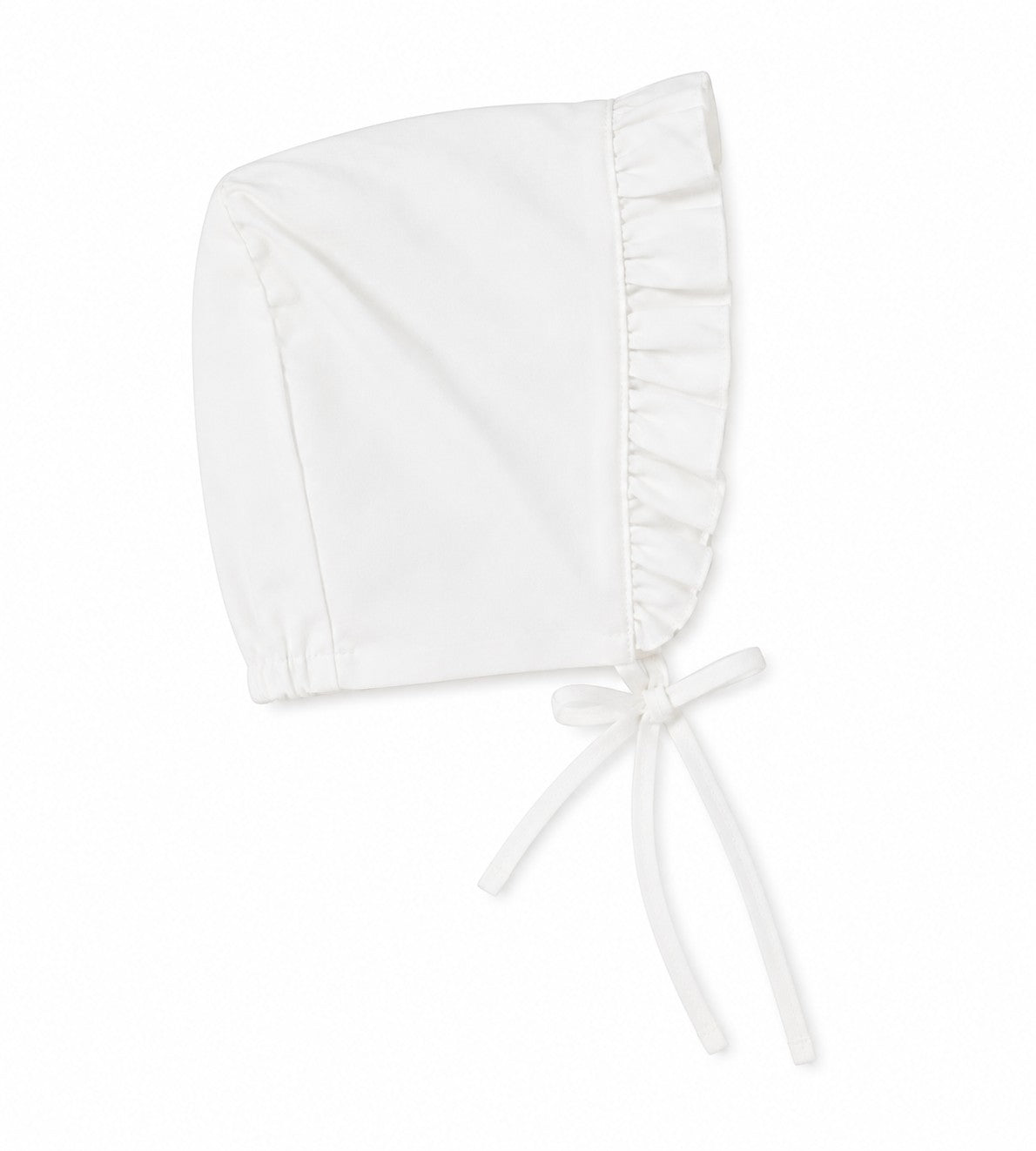 Carriage Boutique white ruffled baby bonnet with soft chin ties for a classic heirloom look.