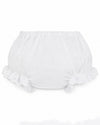 Carriage Boutique white cotton baby girl diaper cover with delicate floral embroidery and ruffled leg openings.