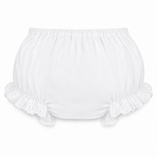 Carriage Boutique white cotton baby diaper cover featuring delicate ruffled trim and floral eyelet details.