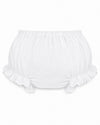 Carriage Boutique white cotton baby diaper cover featuring delicate ruffled trim and floral eyelet details.