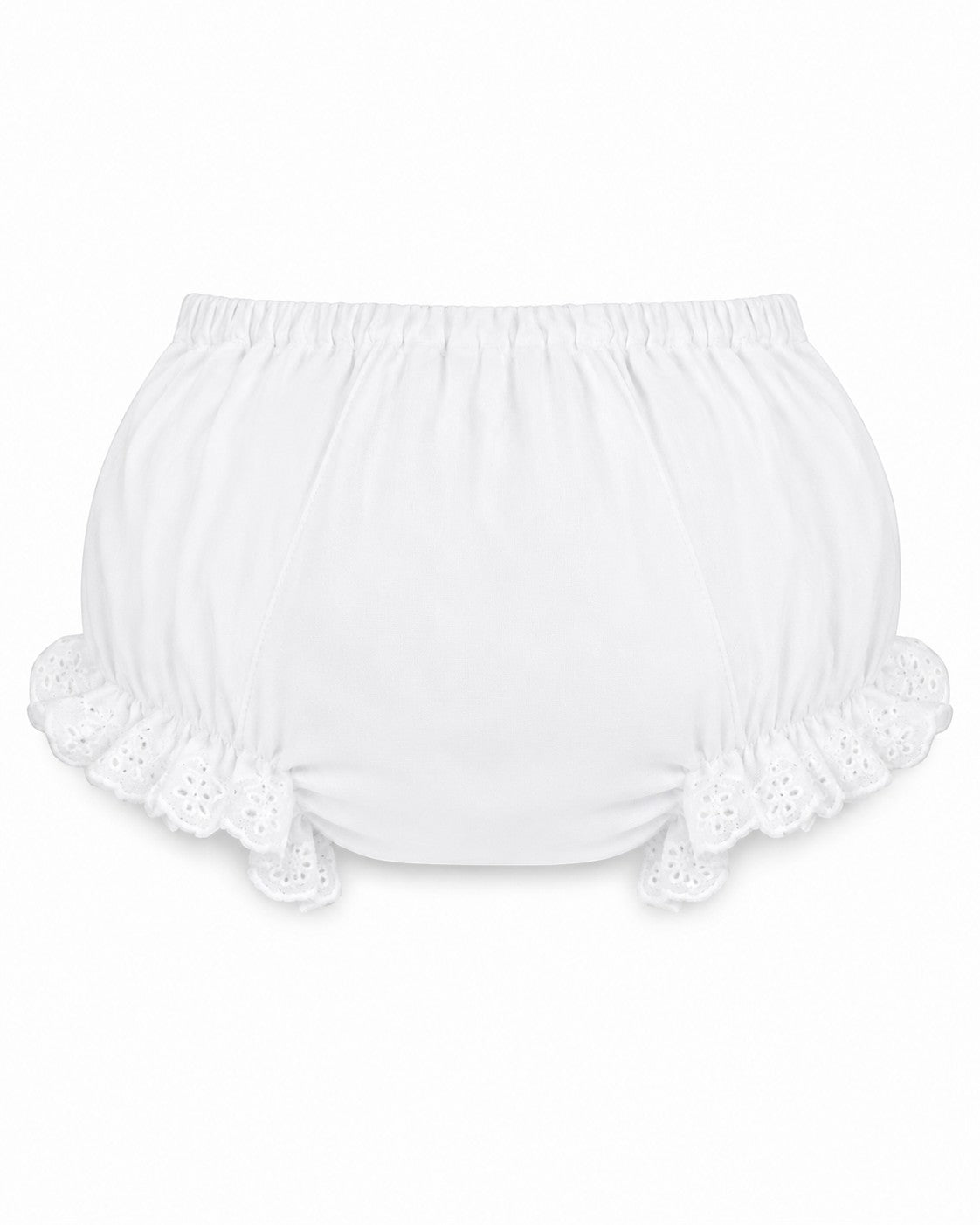 Carriage Boutique white cotton baby diaper cover featuring delicate ruffled trim and floral eyelet details.