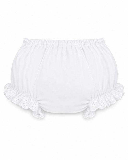 Carriage Boutique white cotton baby diaper cover featuring delicate ruffled trim and floral eyelet details.