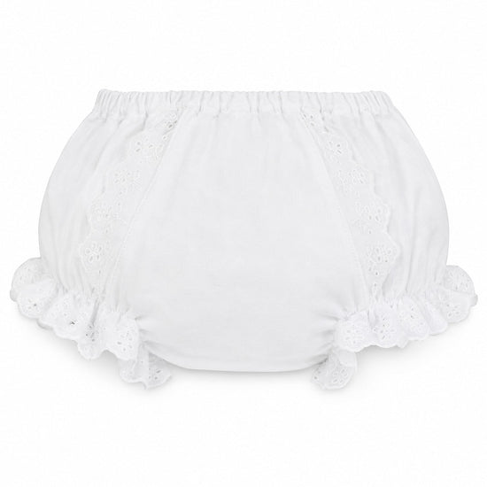 Carriage Boutique baby girl white cotton diaper cover featuring delicate floral embroidery and ruffled leg openings.