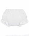Carriage Boutique baby girl white cotton diaper cover featuring delicate floral embroidery and ruffled leg openings.