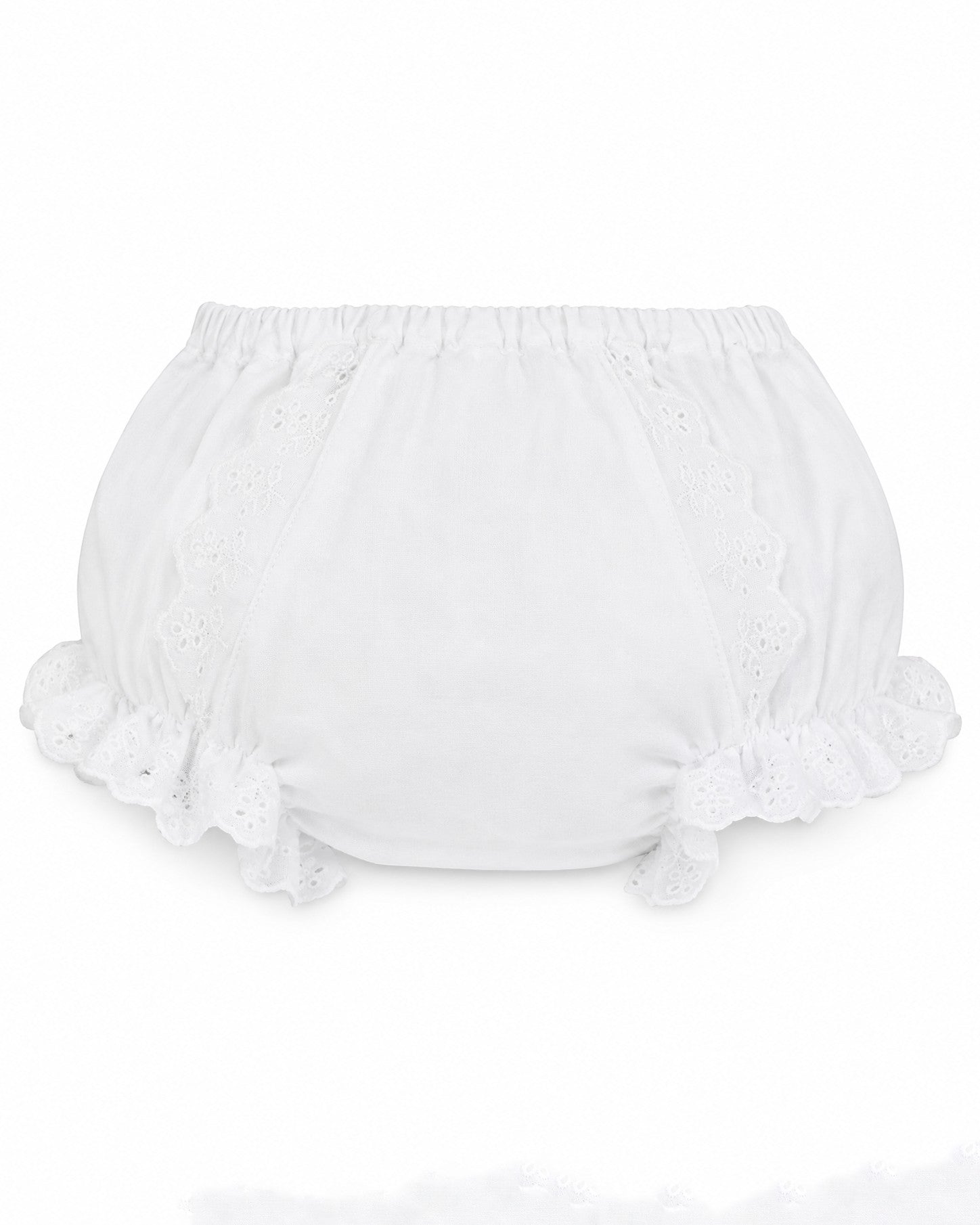 Carriage Boutique baby girl white cotton diaper cover featuring delicate floral embroidery and ruffled leg openings.