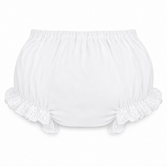 Carriage Boutique white cotton baby diaper cover featuring delicate ruffled leg openings and floral eyelet details.