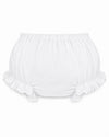 Carriage Boutique white cotton baby diaper cover featuring delicate ruffled leg openings and floral eyelet details.