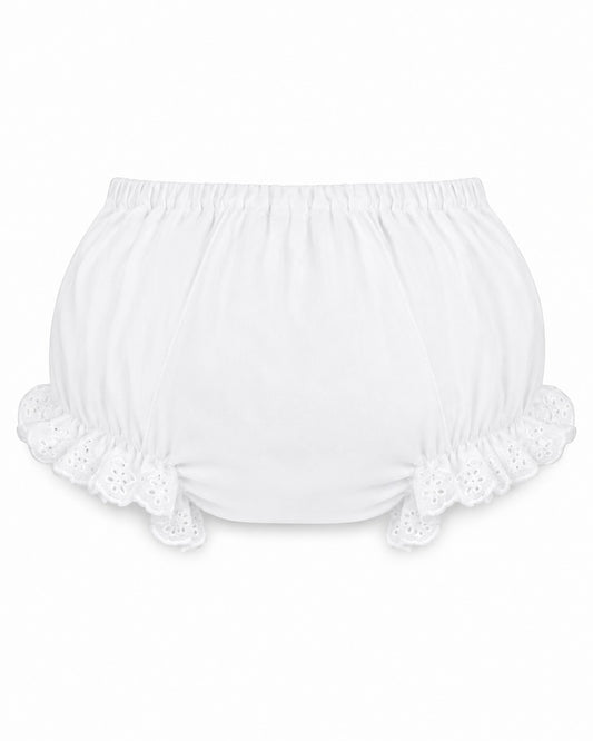 Carriage Boutique white cotton baby diaper cover featuring delicate ruffled leg openings and floral eyelet details.
