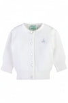 Carriage Boutique white cotton baby cardigan featuring a small embroidered sailboat motif and front button closure.