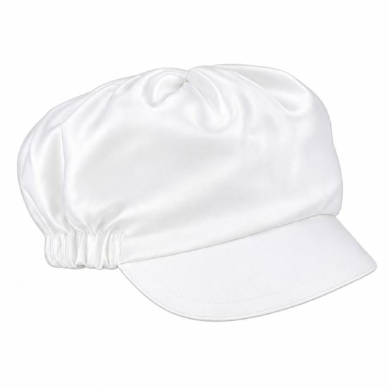 Carriage Boutique white satin baby boy christening hat with a soft rounded crown and structured brim