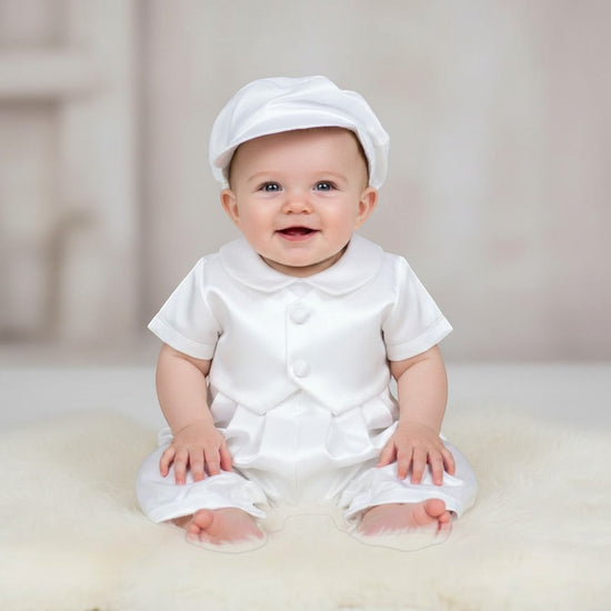 Carriage Boutique white satin vested baby boy romper with matching hat for christening or baptism.