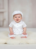 Carriage Boutique white satin vested baby boy romper with matching hat for christening or baptism.
