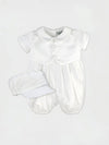 Carriage Boutique white satin vested baby boy romper with matching hat for christening or baptism.