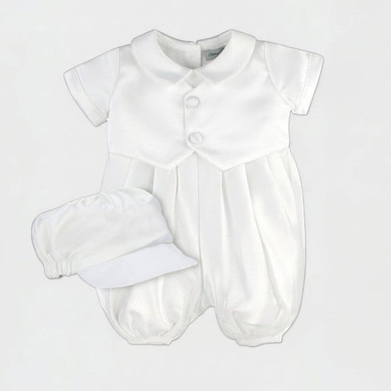 Carriage Boutique white satin vested baby boy romper with matching hat for christening or baptism. Short sleeves, button front.