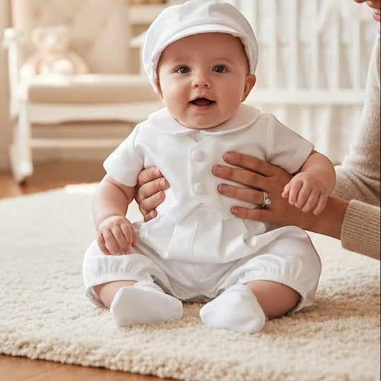 Baby boy wearing a white satin Carriage Boutique christening romper and matching cap, held by an adult.