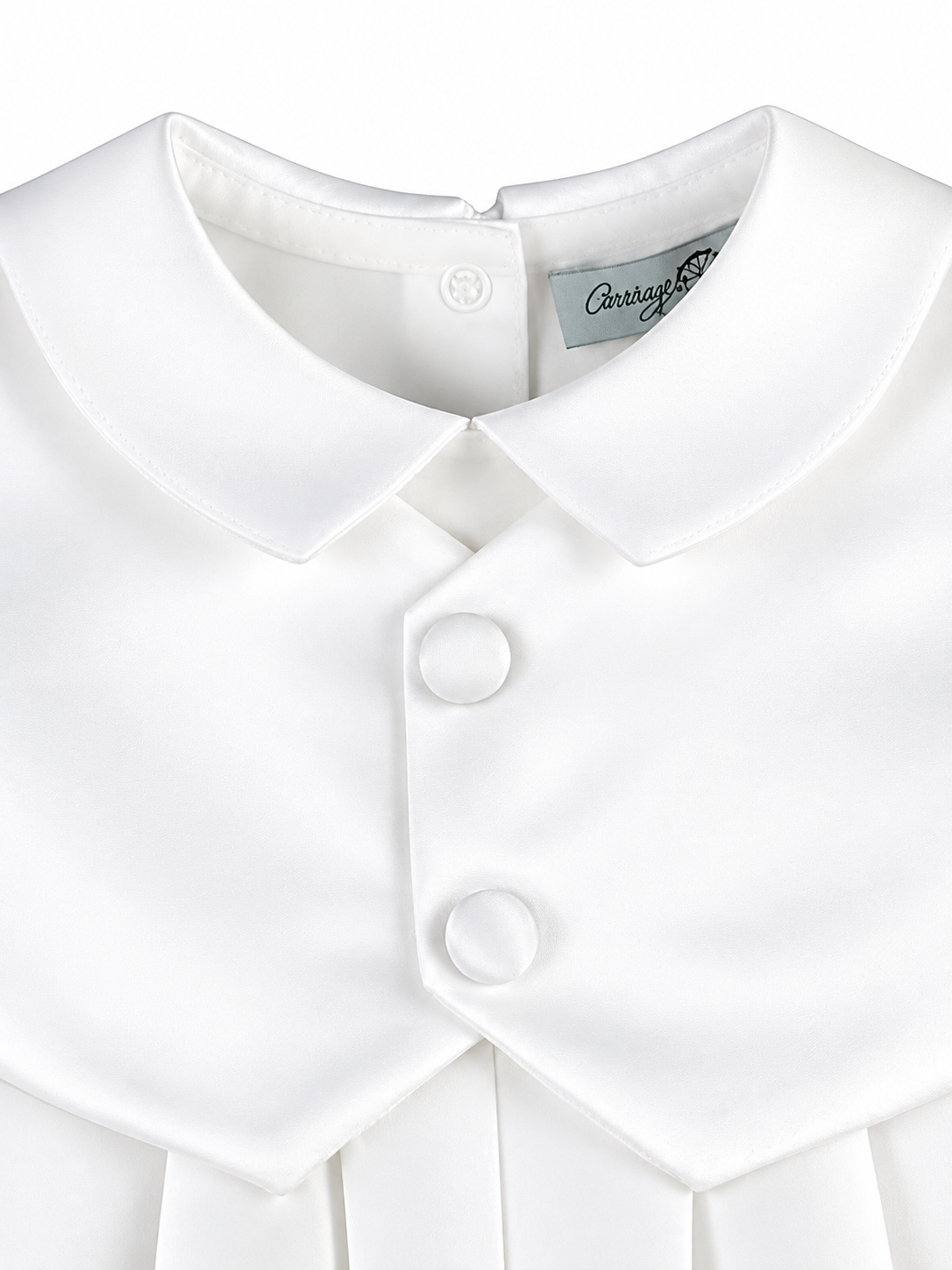 Carriage Boutique white satin christening romper featuring a Peter Pan collar and elegant fabric-covered buttons.