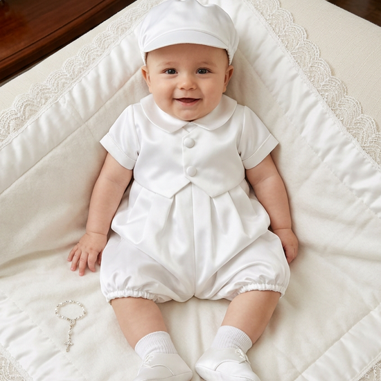 Carriage Boutique baby boy wearing a white satin christening romper with a matching hat, sitting on a lace blanket.
