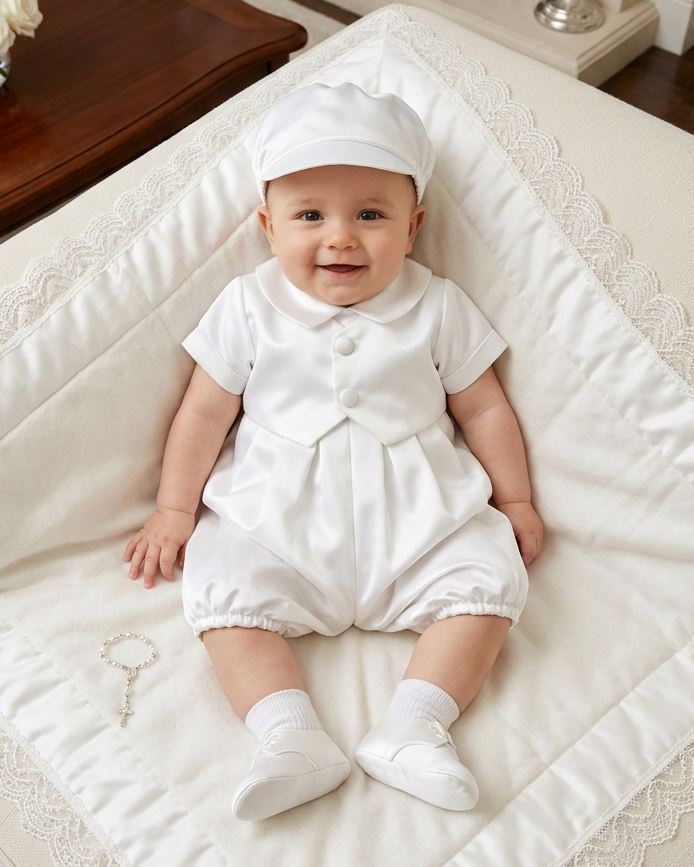 Carriage Boutique baby boy wearing a white satin christening romper with a matching hat, sitting on a lace blanket.