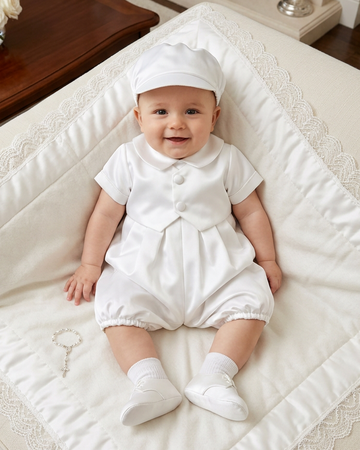 Carriage Boutique baby boy wearing a white satin christening romper with a matching hat, sitting on a lace blanket.