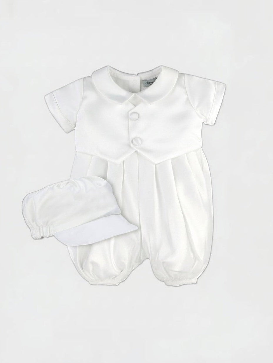 Carriage Boutique white satin vested baby boy romper and hat for christening or baptism. Short sleeves, button front.