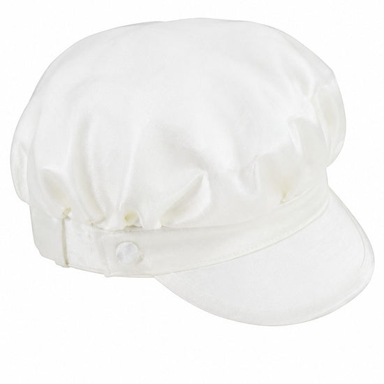 Carriage Boutique white silk baby boy christening newsboy cap with a structured brim and elegant satin finish