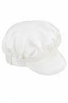 Carriage Boutique white silk baby boy christening newsboy cap with a structured brim and elegant satin finish