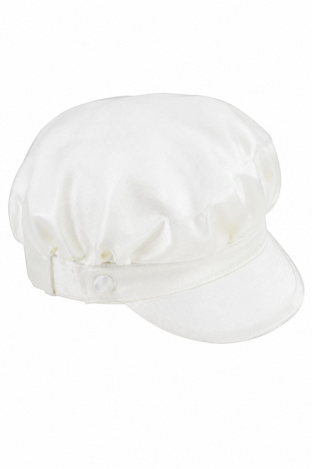 Carriage Boutique white silk baby boy christening newsboy cap with a structured brim and elegant satin finish