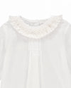 Carriage Boutique white baby girl long sleeve blouse featuring a delicate ruffled smocked collar and pleated front