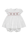 Carriage Boutique white cotton baby dress with red smocked wreath embroidery and matching bloomers