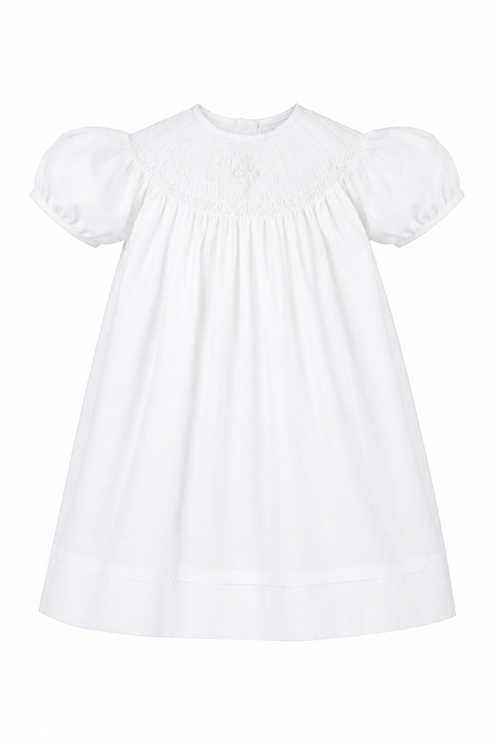 Carriage Boutique white cotton bishop dress with hand smocking and pearl cross detail for baby girls.