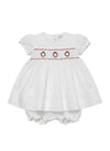 Carriage Boutique white short sleeve baby dress with red hand smocking and delicate wreath embroidery details