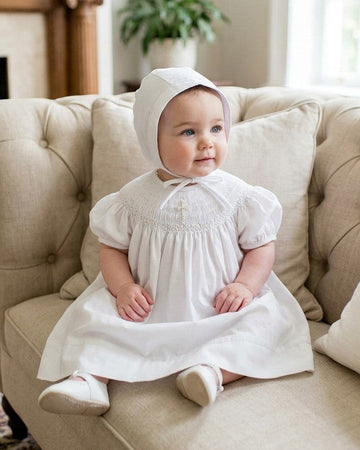 Hand Smocked Pearl Cross Baby Girl Bishop Dress with Bonnet