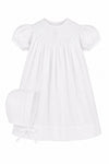 Carriage Boutique white cotton baby bishop dress with hand smocked pearl cross detail and matching bonnet
