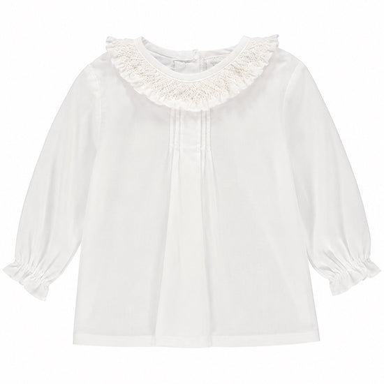 Carriage Boutique white baby girl long sleeve blouse with a delicate ruffled smocked collar and elastic wrists.
