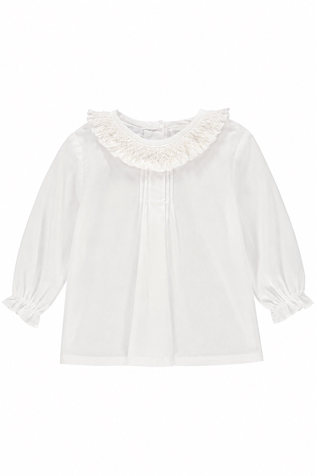 Carriage Boutique white baby girl long sleeve blouse with a delicate ruffled smocked collar and elastic wrists.