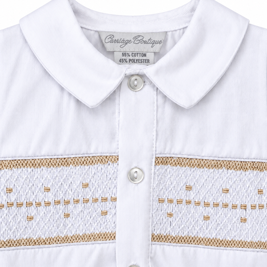 Carriage Boutique white bobby suit shirt featuring intricate tan hand smocking and a classic collar