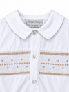 Carriage Boutique white bobby suit shirt featuring intricate tan hand smocking and a classic collar