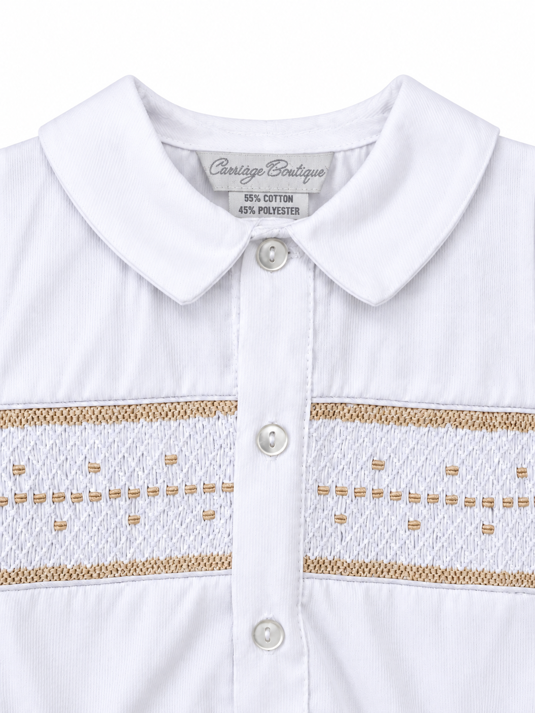 Carriage Boutique white bobby suit shirt featuring intricate tan hand smocking and a classic collar